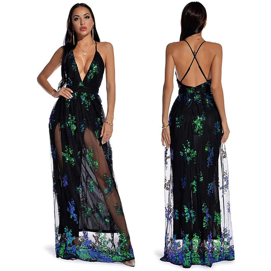 Sexy Spaghetti Strap Embroidery Sequin Dress